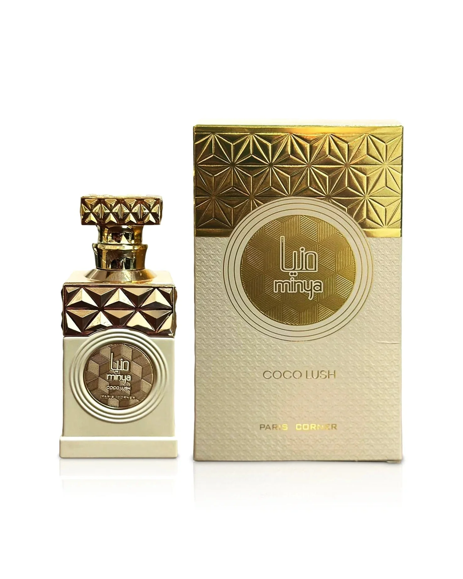 Frasco e caixa de perfume luxuosos dourados e brancos com texto Lpja minya COCO WISH.