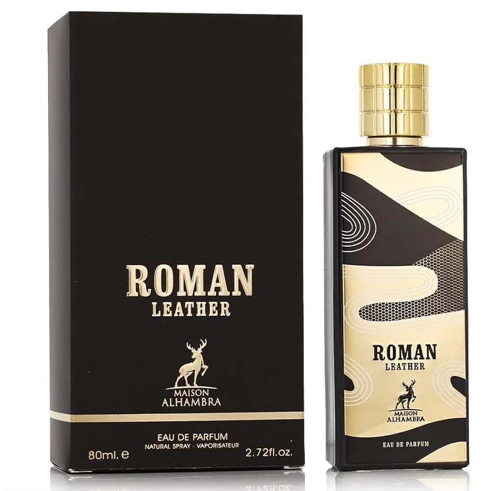 Frasco e caixa do perfume Roman Leather preto e dourado da Maison Alhambra