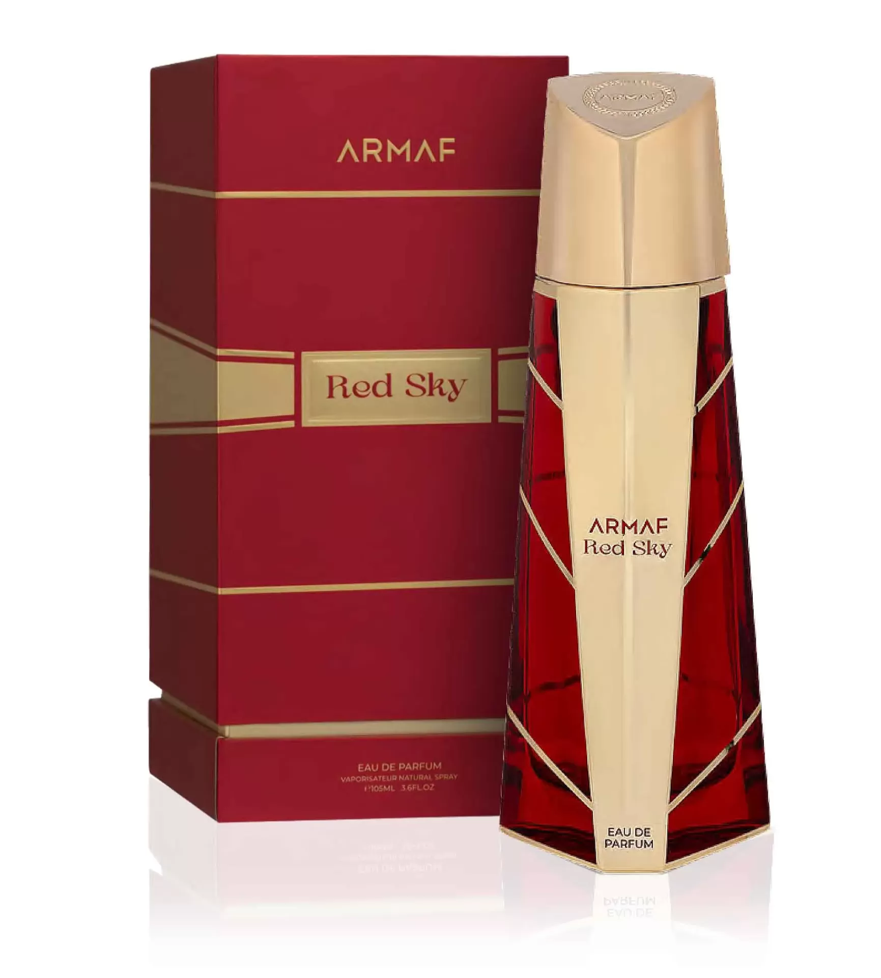 Frasco de perfume ARMAF Red Sky em vermelho e dourado com caixa vermelha