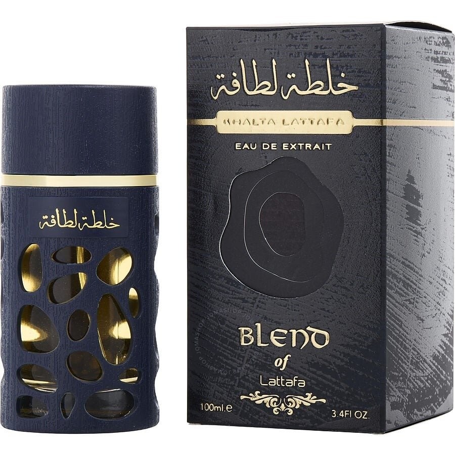 Perfume Eau de Extrait Blend of Lattafa frasco preto com interior dourado e caixa preta com texto dourado