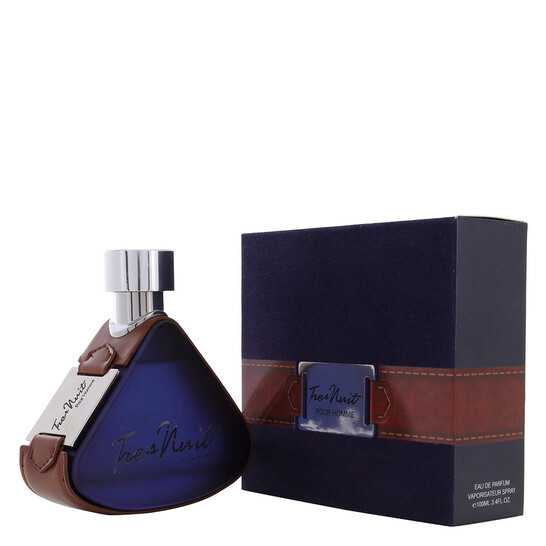 Frasco triangular azul escuro de perfume Tres Nuit com caixa preta e detalhes castanhos