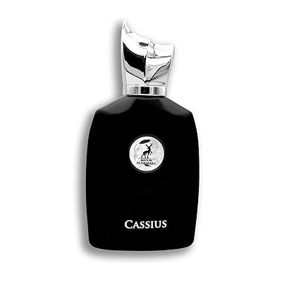 Frasco preto de perfume com tampa prateada e texto CASSIUS