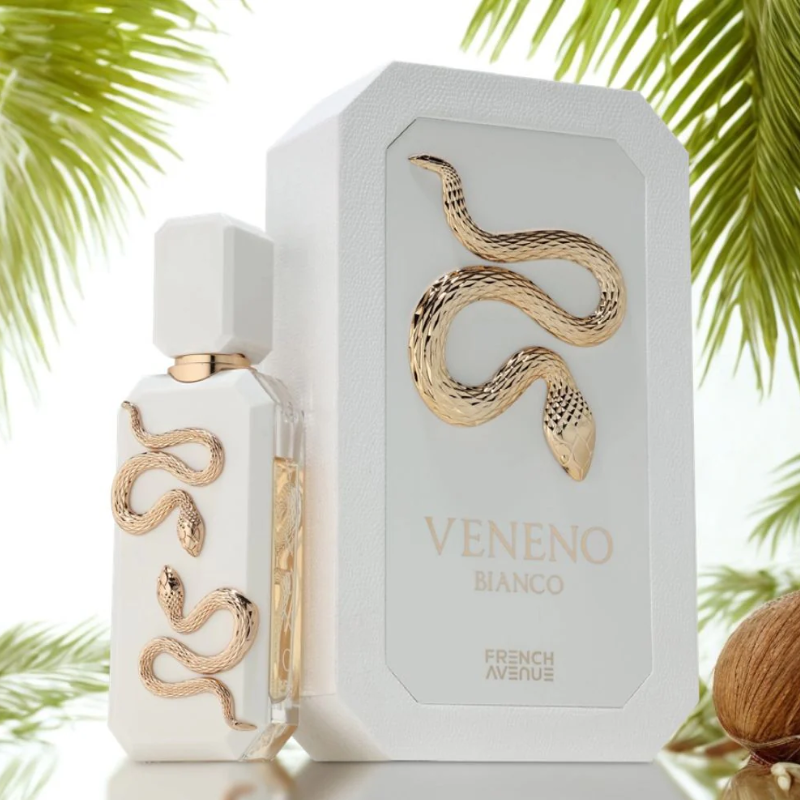 Perfume Veneno Bianco branco com serpente dourada e caixa branca com serpente dourada em relevo