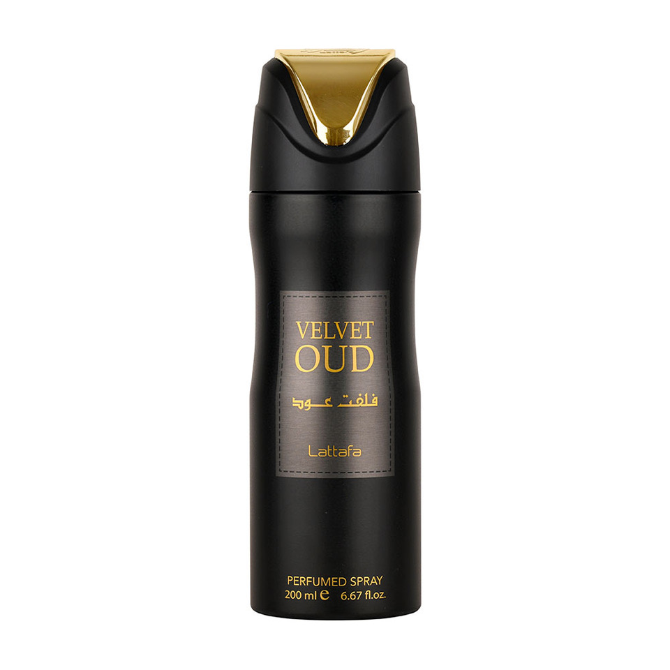 Desodorizante spray preto e dourado Velvet Oud Lattafa 200 ml