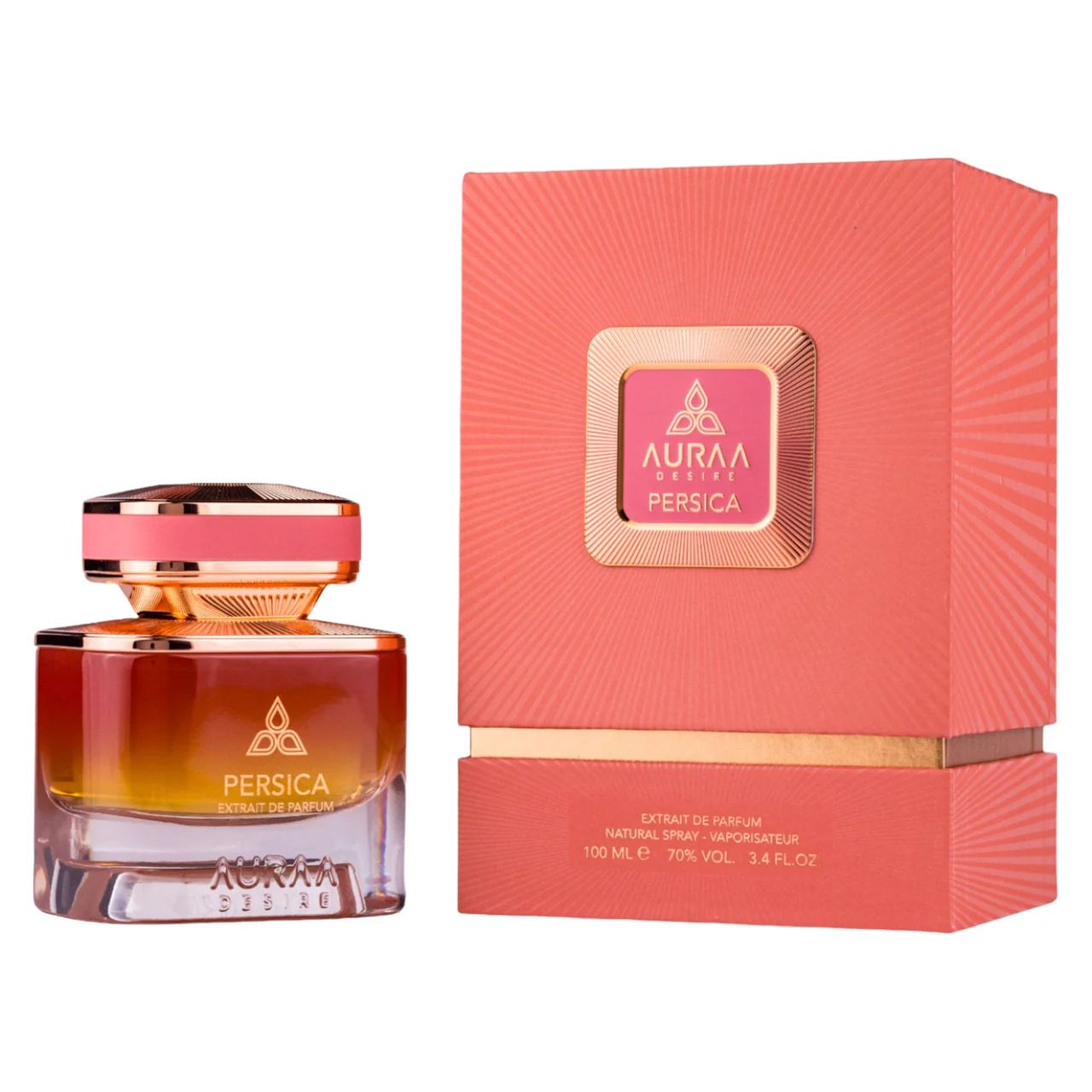Frasco e caixa de perfume cor coral e dourada