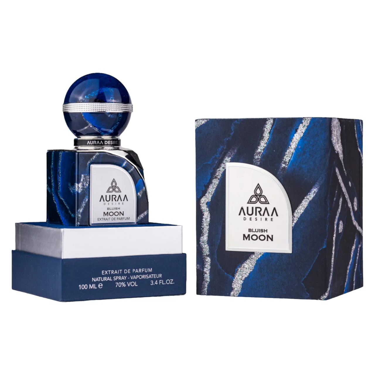 Frasco e embalagem de perfume AurAa Desire Bluish Moon em azul escuro