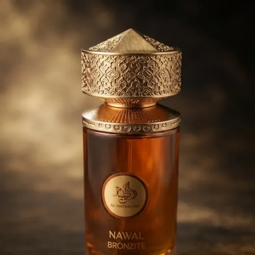 Frasco de perfume âmbar com tampa dourada decorativa e texto NAWAL BRONZITE