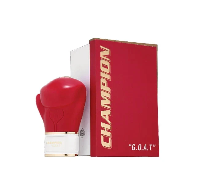 Luvas de boxe vermelhas com embalagem vermelha e branca com texto CHAMPION e G.O.A.T