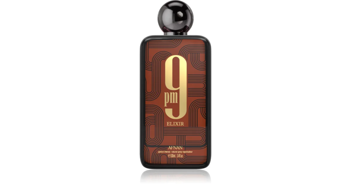 Frasco de perfume castanho e preto com texto 9 pm ELIXIR em dourado