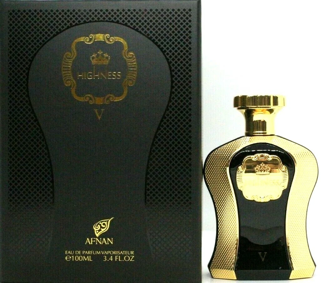Frasco e caixa de perfume preto e dourado com texto Highness V Afnan