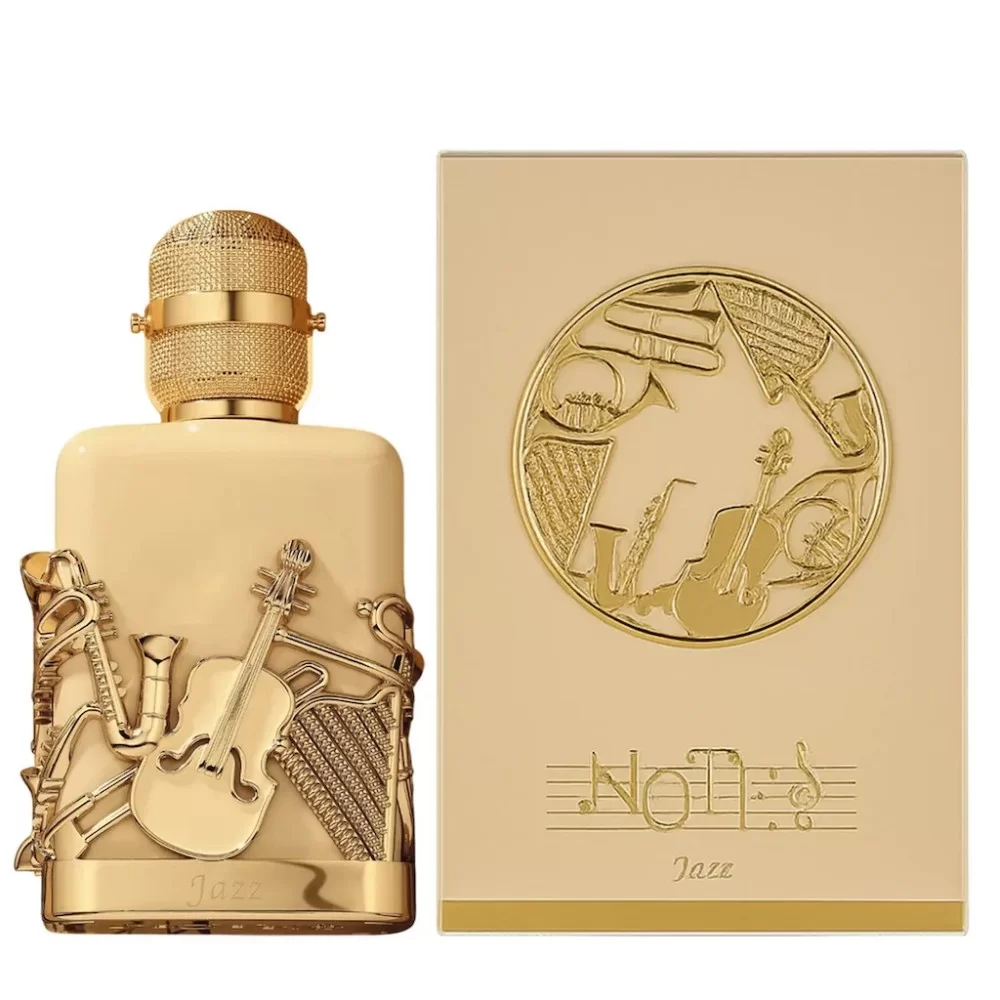 Frasco e caixa de perfume bege com ornamentos dourados e texto NOTES Jazz.
