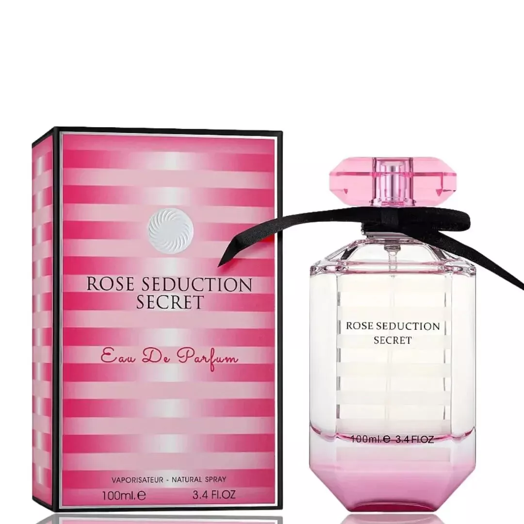 Frasco de perfume Rose Seduction Secret com embalagem rosa com riscas horizontais