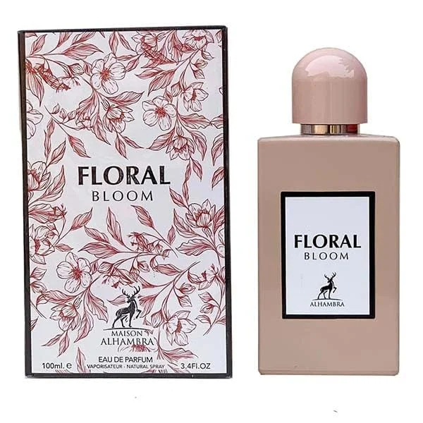 Frasco de perfume Floral Bloom ao lado da caixa decorada com padrão floral em rosa