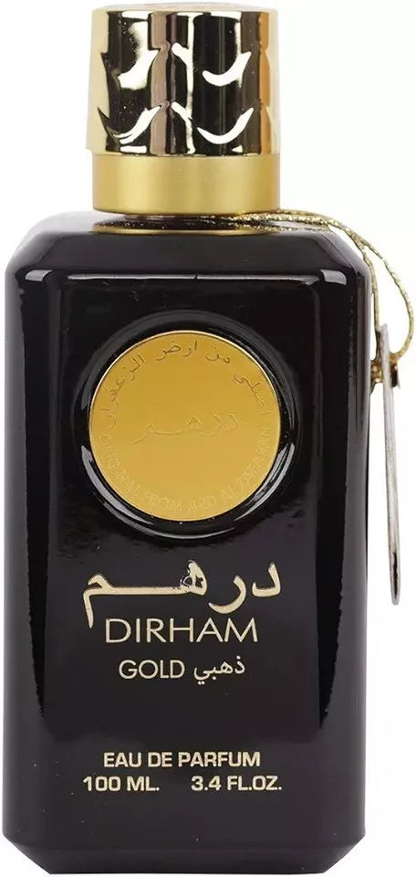 Frasco preto e dourado de perfume DIRHAM GOLD de 100 ml