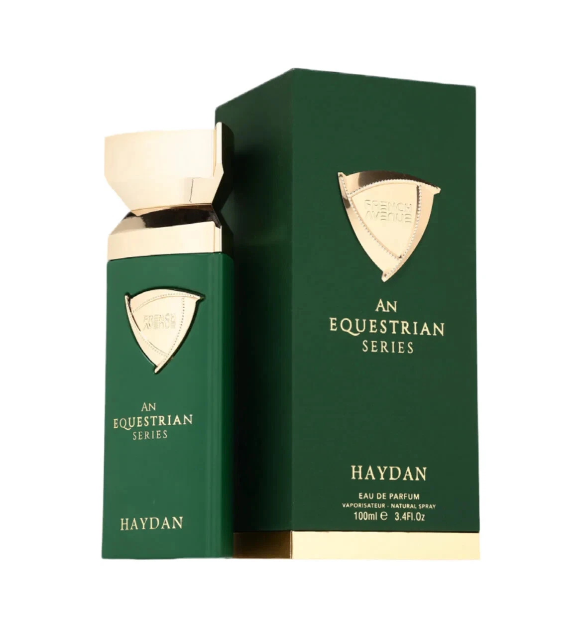 Frasco e embalagem verde e dourada de perfume Haydan Equestrian Series