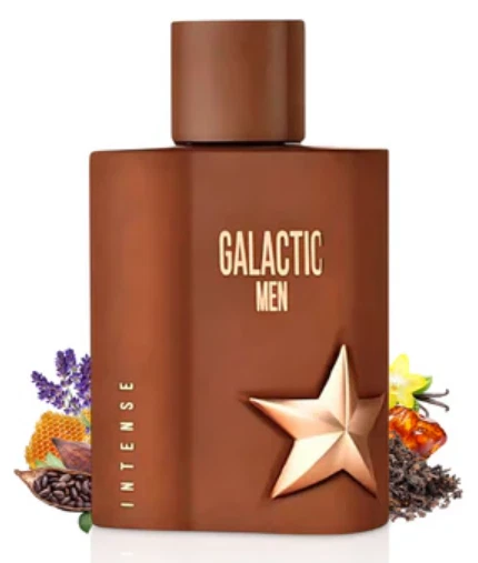 Frasco de perfume masculino Galactic Men Intense castanho com estrela dourada