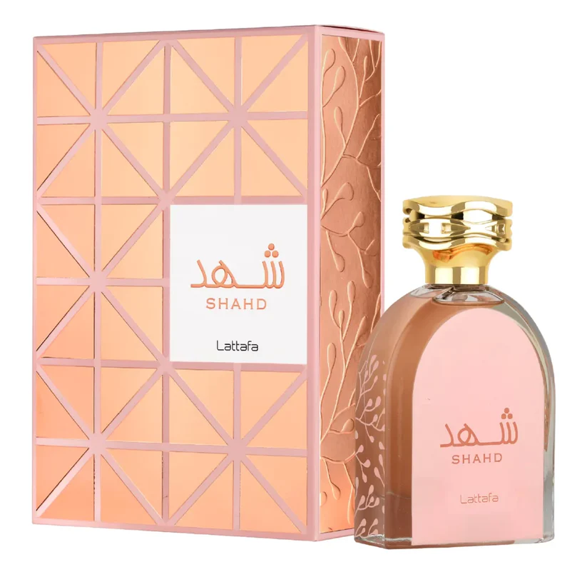 Perfume Shahd da Lattafa com embalagem rosa e frasco com líquido rosa