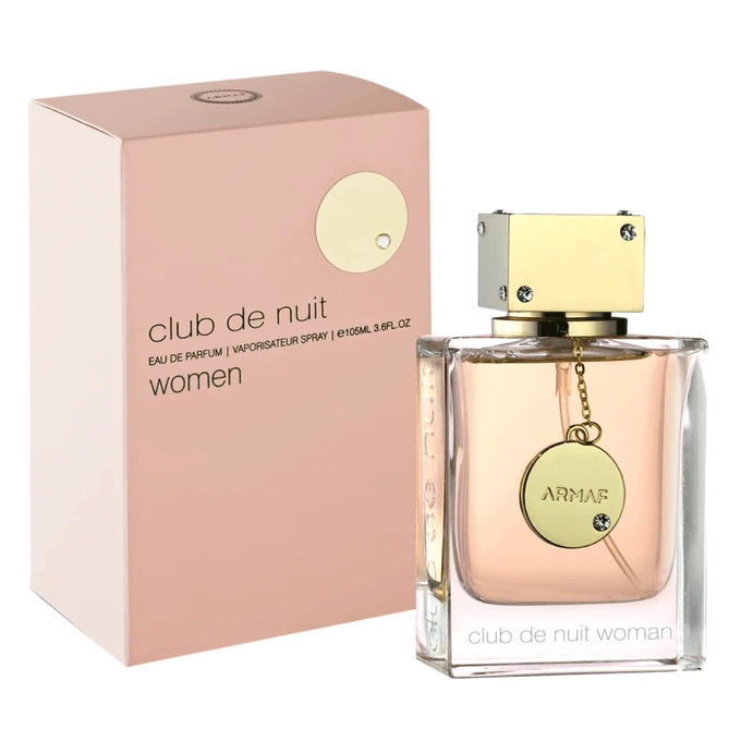 Perfume Club de Nuit Woman Armaf com caixa rosa e frasco transparente com líquido rosa e detalhe dourado