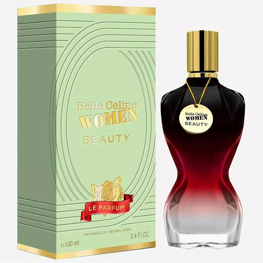 Frasco de perfume feminino vermelho e transparente ao lado de caixa verde clara com texto dourado