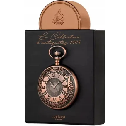 Frasco de perfume preto com tampa castanha e design de relógio antigo