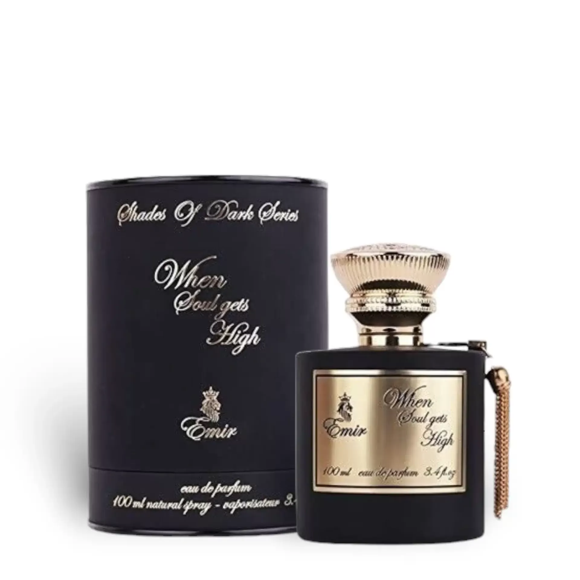 Perfume Emire When Soul Gets High com embalagem preta e garrafa preta com detalhes dourados e tampa prateada