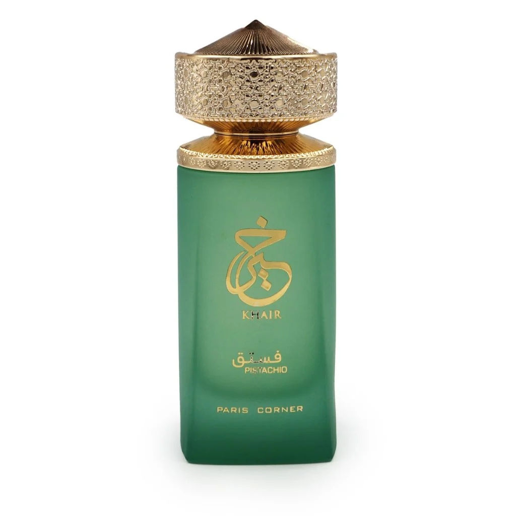 Frasco de perfume verde com tampa dourada e texto dourado