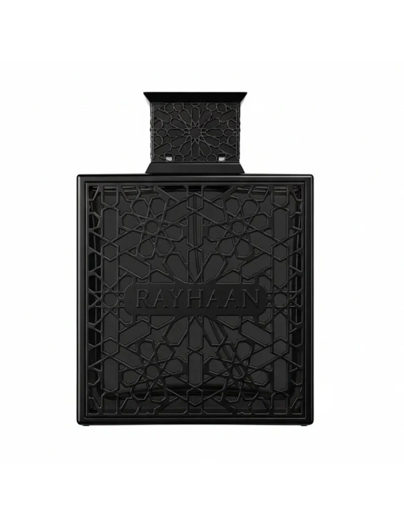 Frasco de perfume preto com padrão geométrico recortado e texto RAYHAAN.