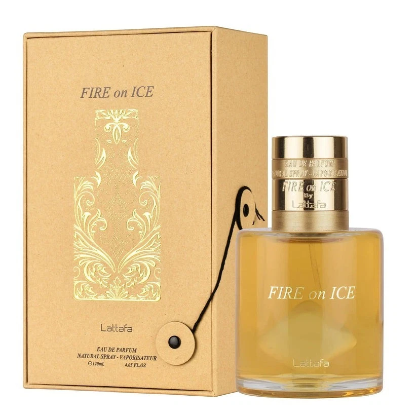 Perfume FIRE on ICE Lattafa com embalagem castanha e dourada