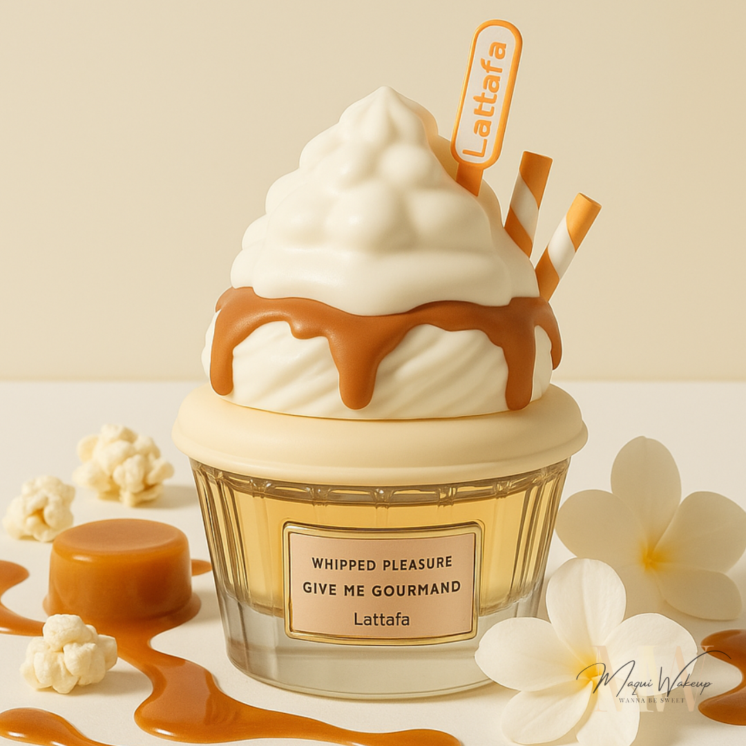 Frasco creme vidro chantilly branco com caramelo e texto Lattafa