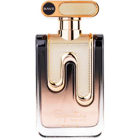 Frasco de perfume RAVE Signature Night em vidro transparente e dourado