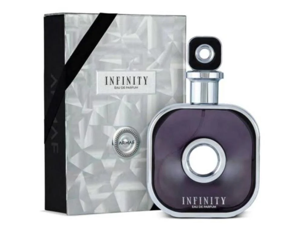 Frasco de perfume Infinity roxo com caixa cinza e preta