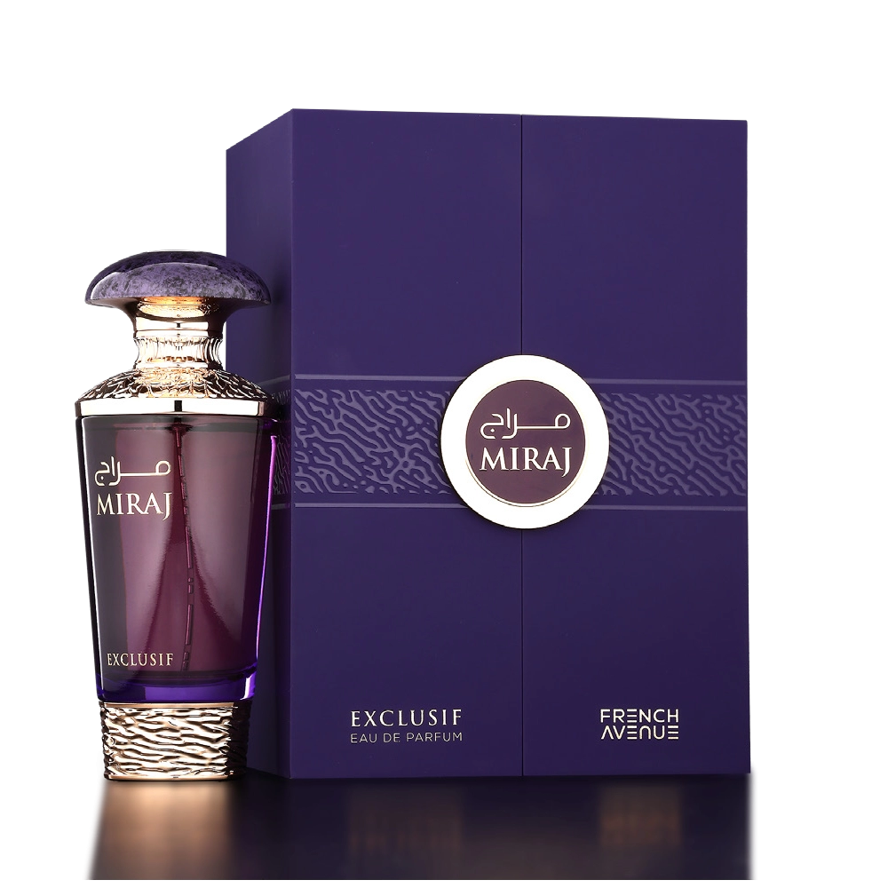 Frasco de perfume roxo MIRAJ com caixa azul escura