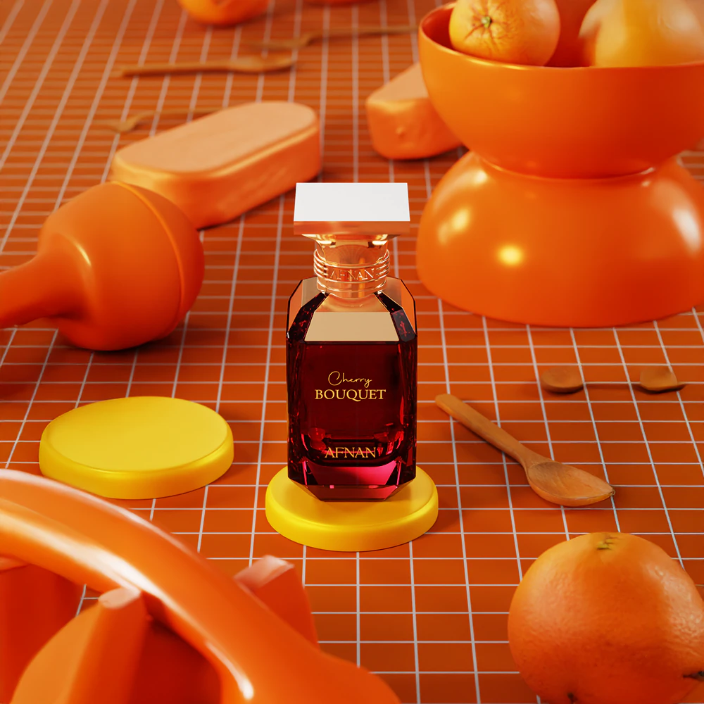 Frasco de perfume Cherry Bouquet sobre base amarela com decoração laranja ao redor