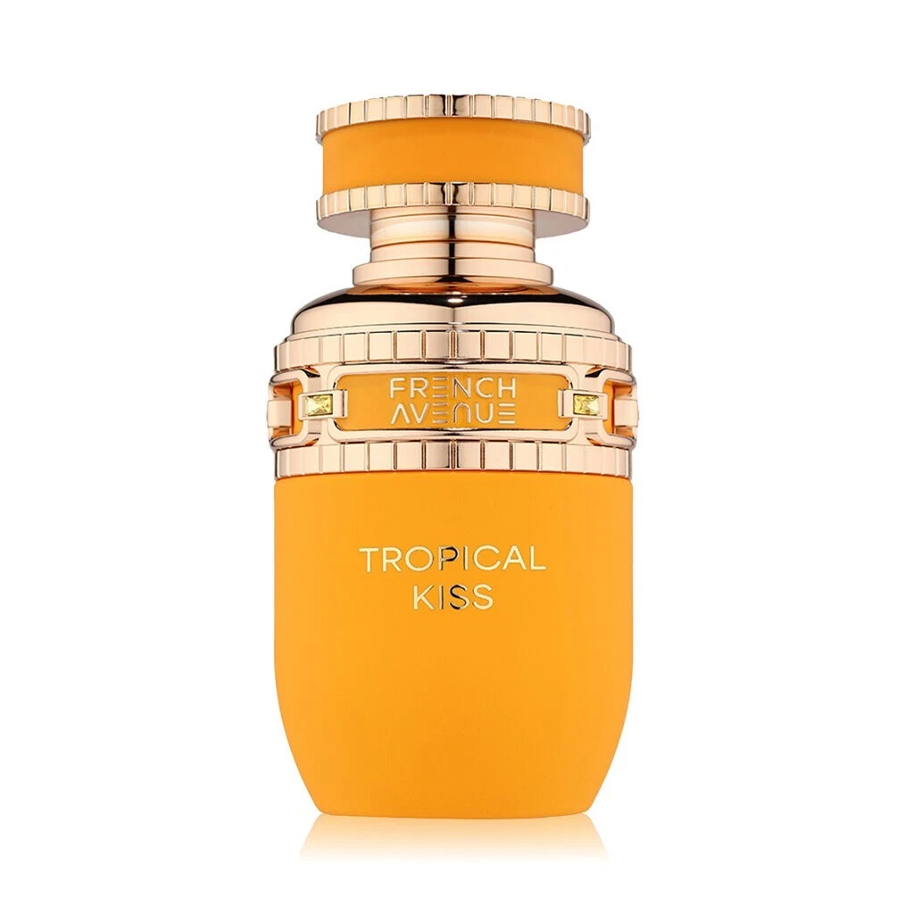Frasco de perfume laranja e dourado com texto FRENCH AVENUE e TROPICAL KISS
