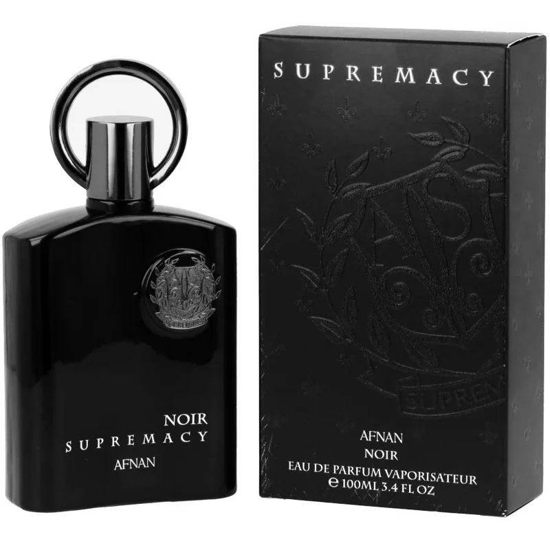 Frasco e caixa preta de perfume Noir Supremacy Afnan