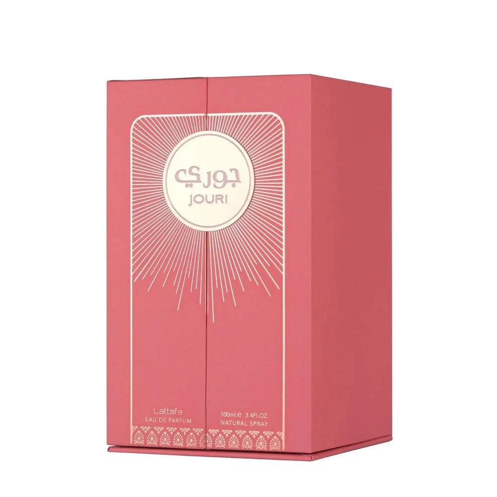 Embalagem rosa de perfume Jouri com design dourado