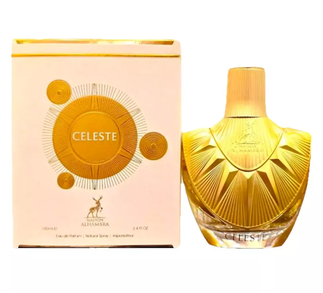 Perfume Celeste dourado com caixa branca e dourada