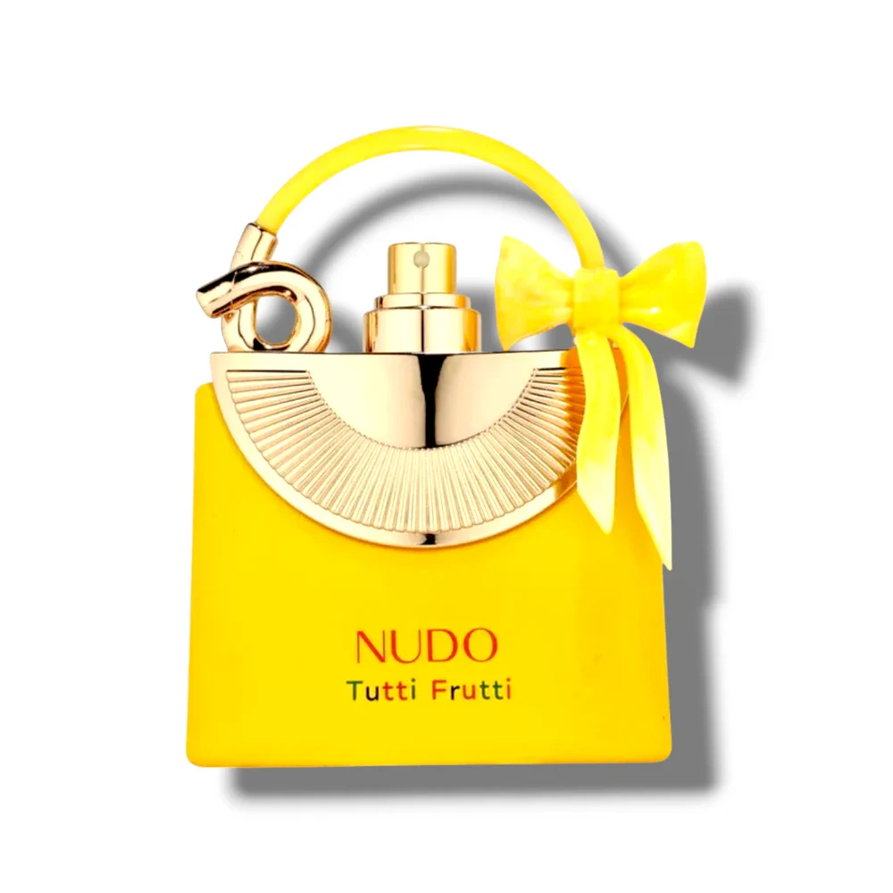 Frasco de perfume amarelo com tampa dourada e laço amarelo