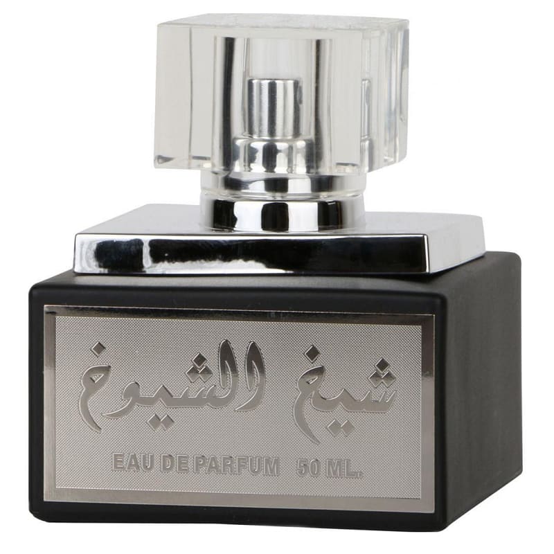 Frasco de perfume preto com tampa transparente e placa metálica com texto