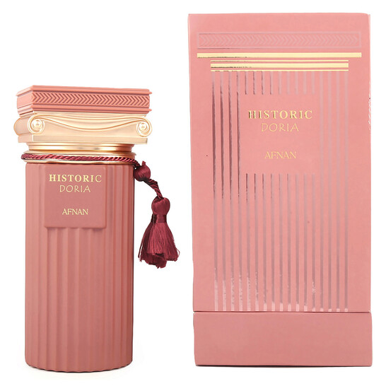 frascos de perfume Historic Doria Afnan cor rosa com detalhes dourados e tassel