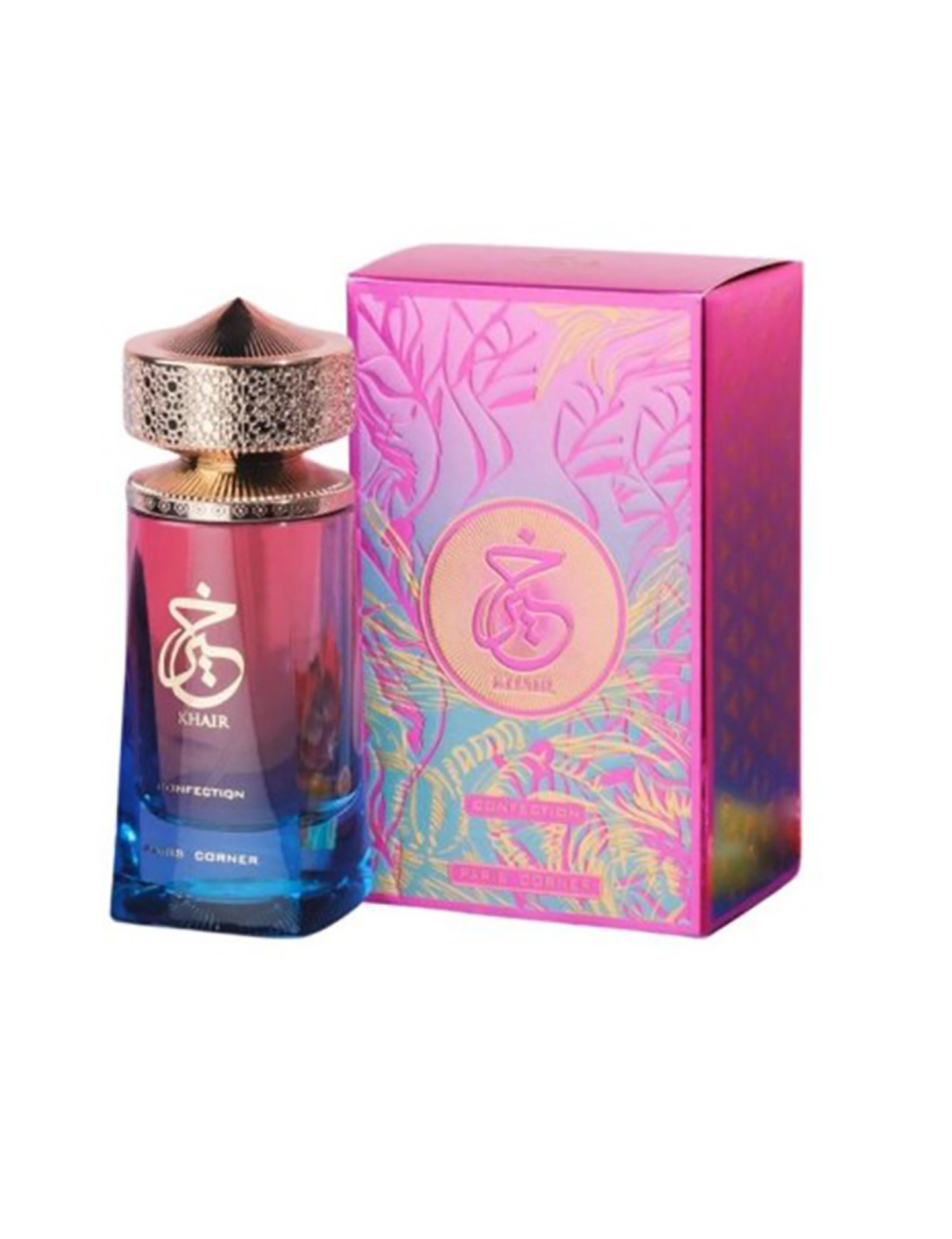 Frasco de perfume com caixa colorida ao lado