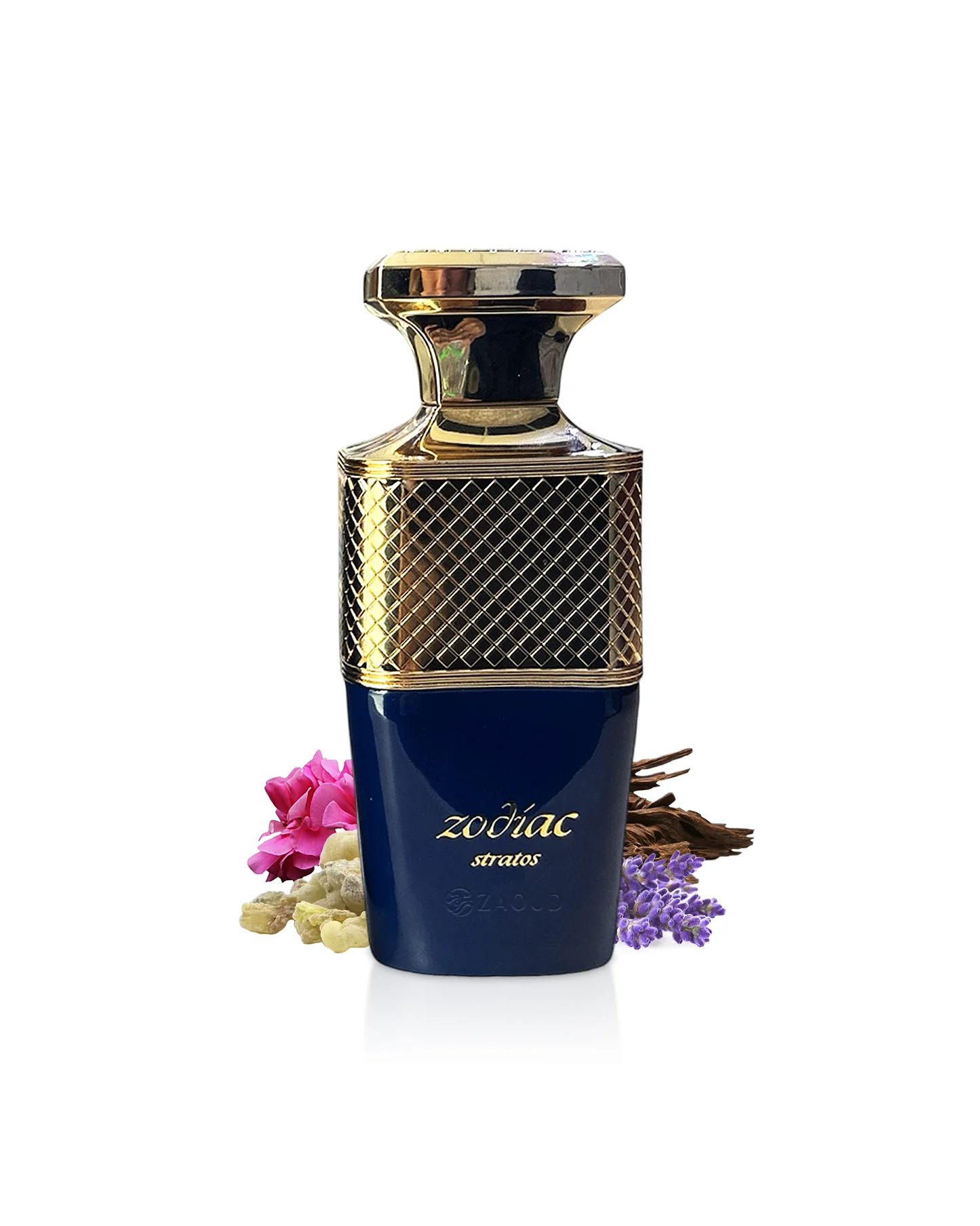 Frasco de perfume zodiac azul e dourado com flores ao redor
