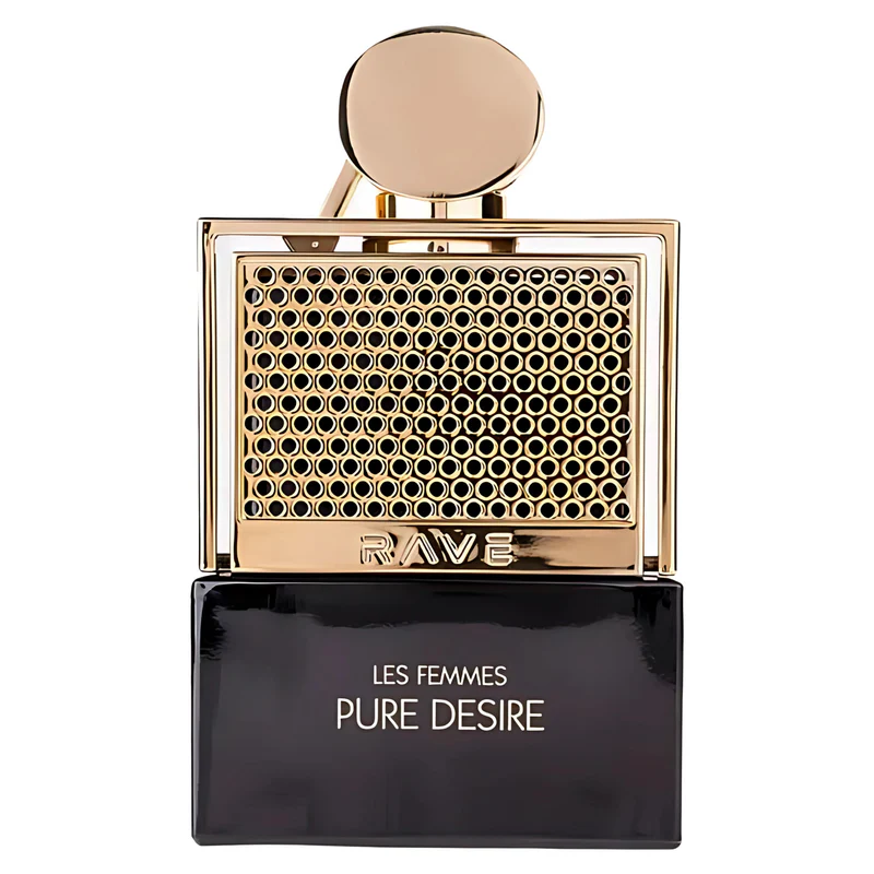 Frasco de perfume dourado e preto com texto LES FEMMES PURE DESIRE