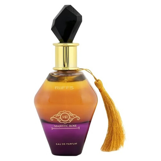 Frasco de perfume Majestic Rose com tampa preta e tassel amarelo