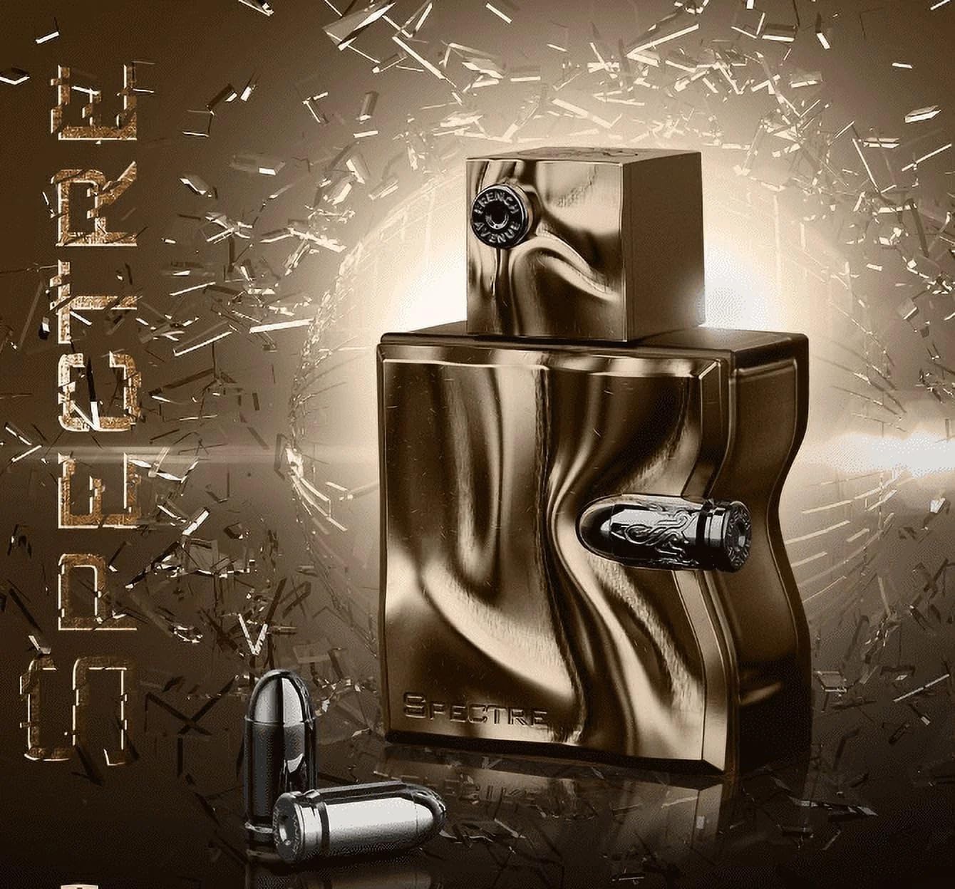 Frasco de perfume dourado com balas prateadas e texto SPECTRE