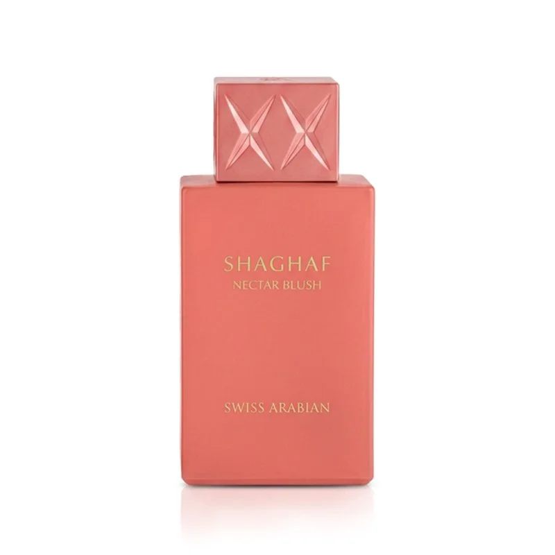 Frasco de perfume rosa salmão com texto dourado e tampa quadrada texturada