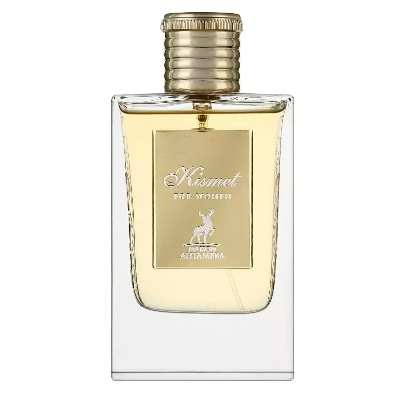 Frasco de perfume transparente com líquido amarelo, tampa dourada e etiqueta dourada com texto e imagem de veado