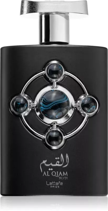 Frasco de perfume preto com decoração circular prateada e texto na frente