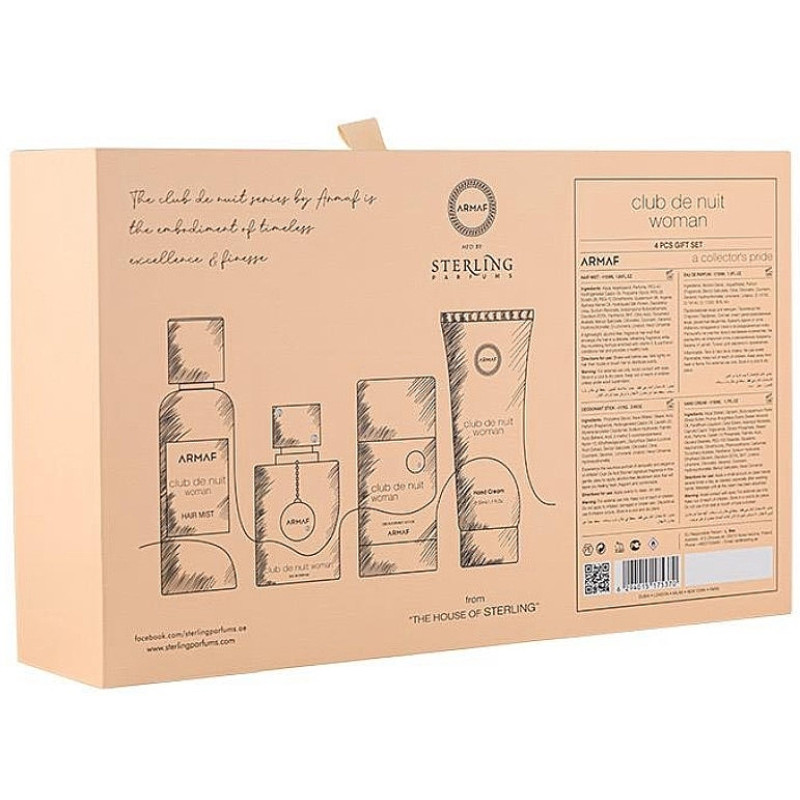 Embalagem de conjunto presente feminino Armaf Club de Nuit Woman cor bege com texto em inglês e desenho dos produtos.