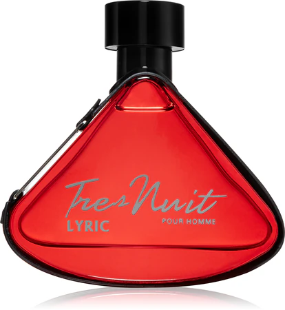 Frasco de perfume triangular vermelho com tampa preta e texto cinzento